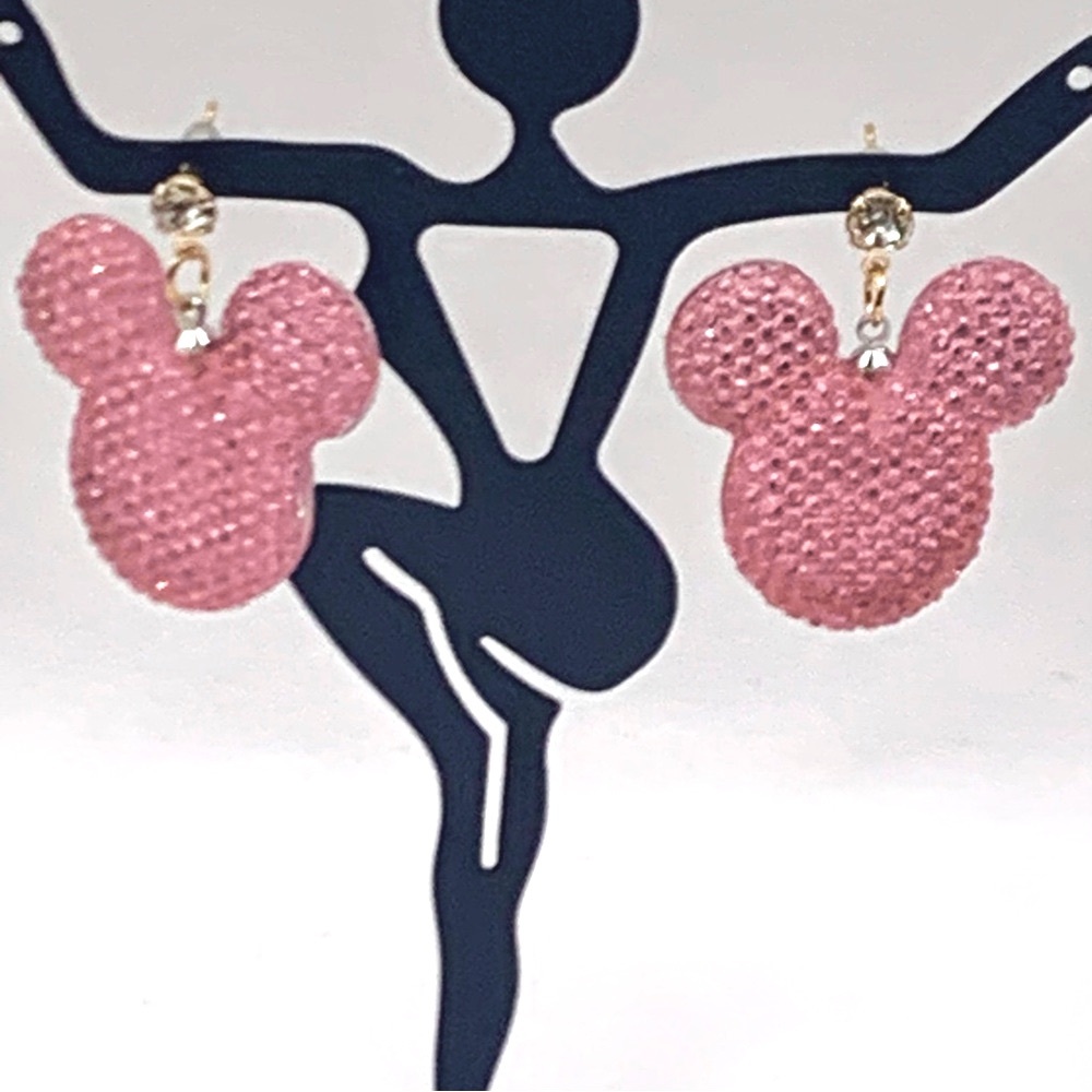 Pink Mickey Minnie & Mouse Ears Crystal Stud Dangle Earrings - Picture 1 of 3